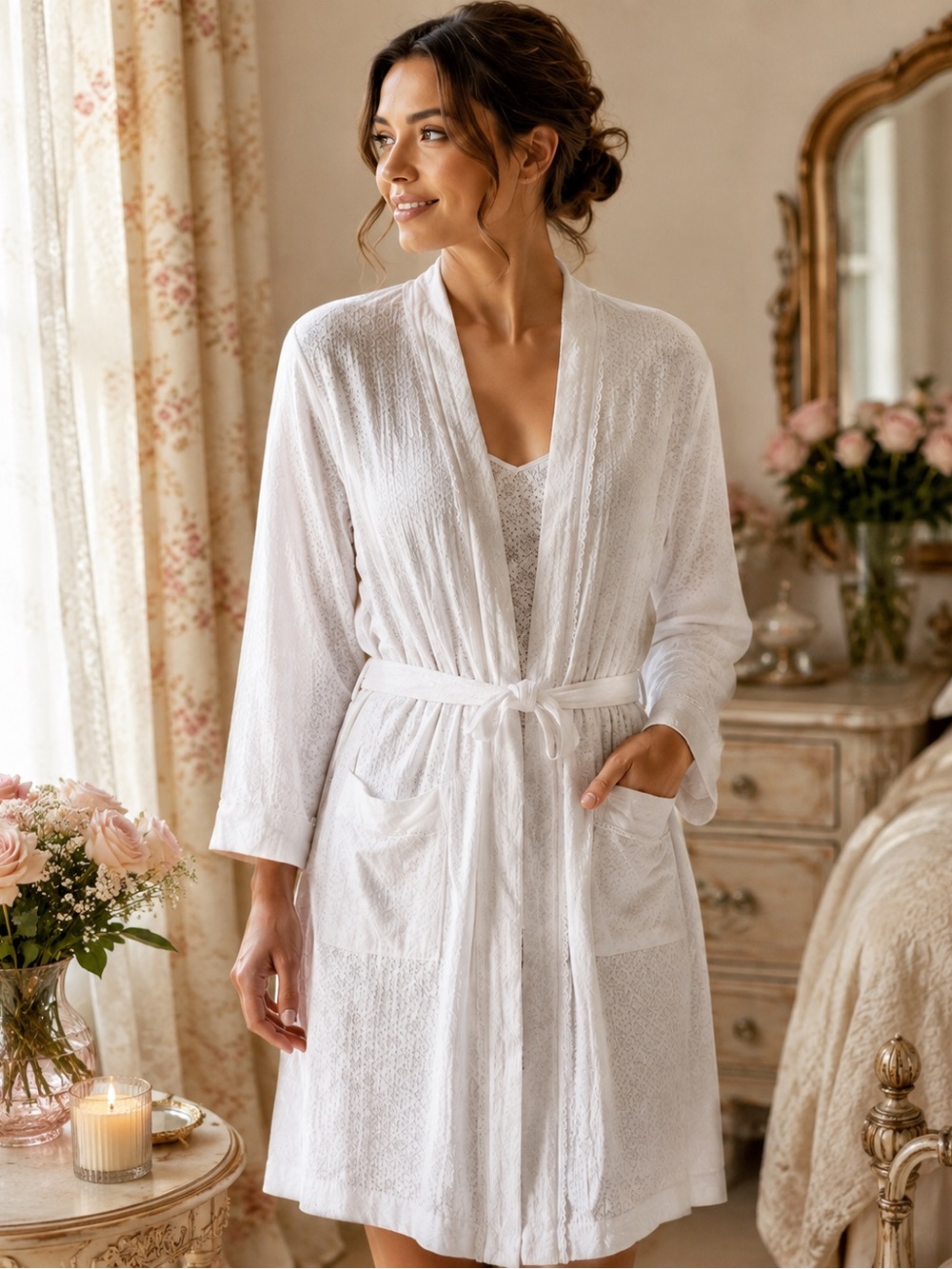 Eileen West White Cotton Kimono Robe M Lace Trim Floral Texture Wrap Sleepwear